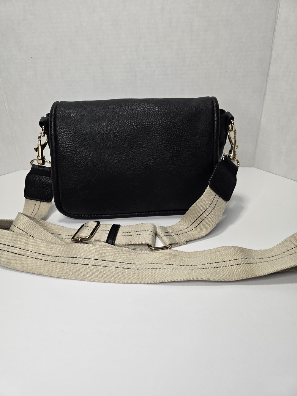 Black Leather Crossbody Bag with Adjustable Canvas Strap